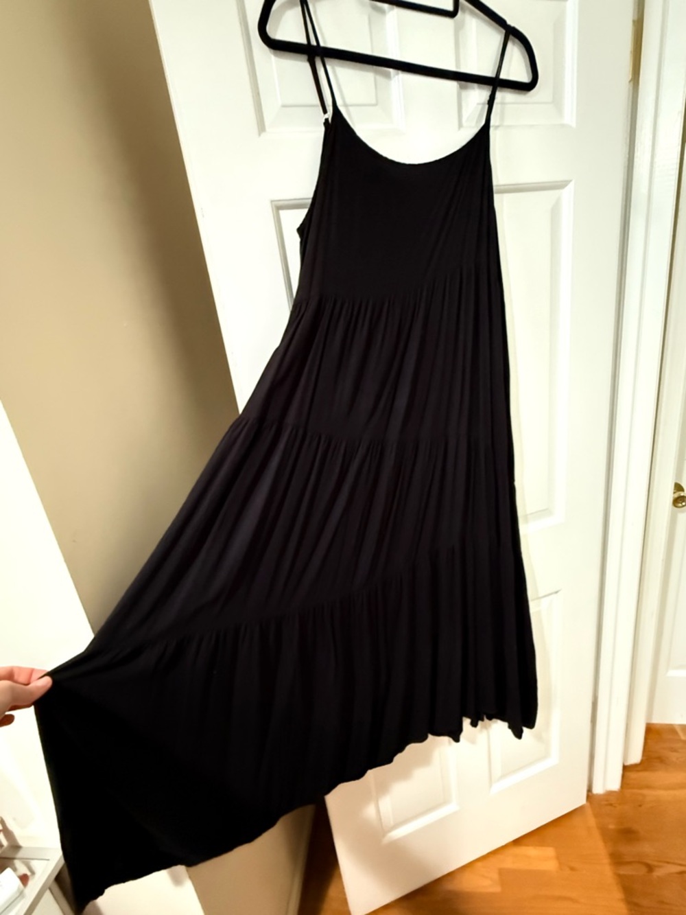 Women's Black Asymmetrical Tiered Maxi Dress with Spaghetti Straps